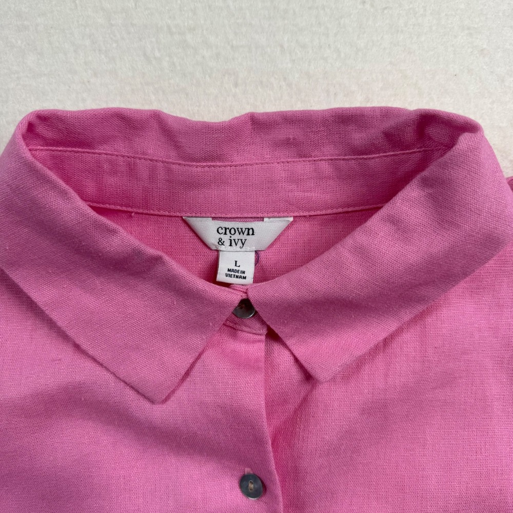 Crown & Ivy Button Down Linen Blend Coastal Coquette Southern Pink Shirt L - Picture 6 of 11
